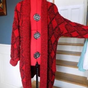 Vintage 80s Sweater Coat Black and Red Yarn Works
